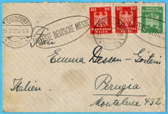 Envelope addressed to " Emma Dessau - Goitein ", Perugia, Monteluce 432, Italy - mailed 13 December 1926.