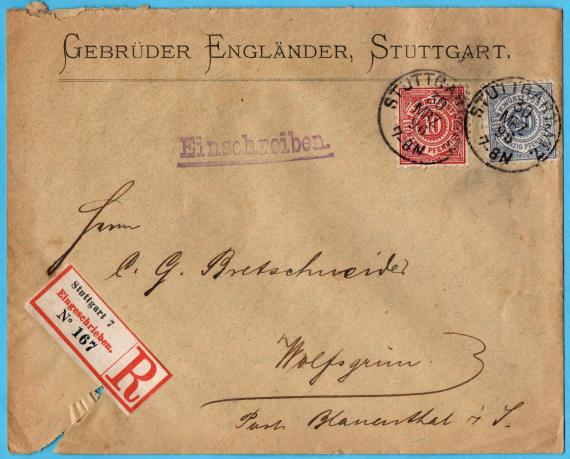 Briefumschlag der " Gebrüder Engländer, Stuttgart ", versandt am 30. März 1896 