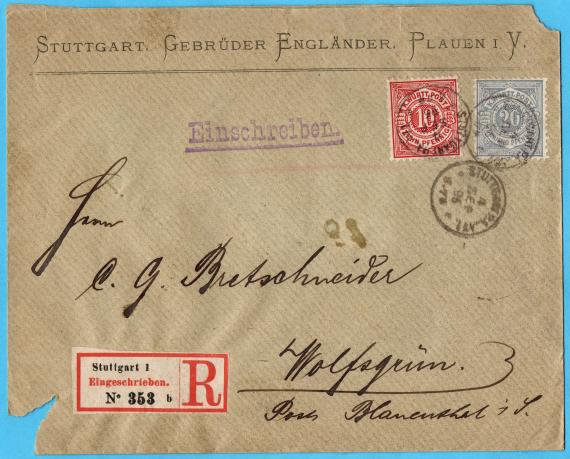 Envelope " Stuttgart - Gebrüder Engländer - Plauen i. V. " - mailed on September 4, 1896