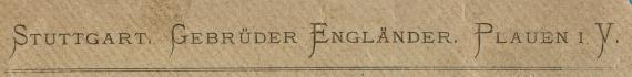 Briefumschlag " Stuttgart - Gebrüder Engländer - Plauen i. V. " - versandt am 4. September 1896 - Ausschnittvergrößerung Firmennamen