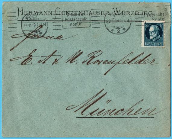 Envelope " Company E., A. & N. Rosenfelder, Munich " - sent on 29. 11. 1919