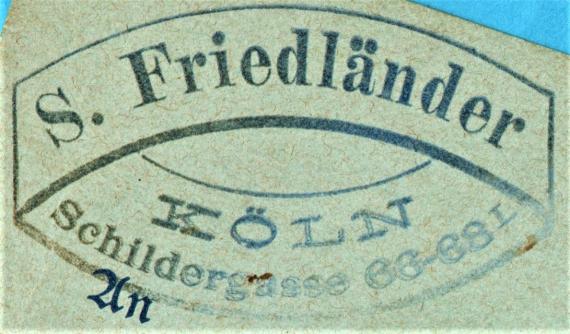 Postkarte geschäftlicher Art von " Siegmund Friedländer, Köln, Schildergasse 66-68 " - versandt am 31. Juli 1900 - Ausschnittsvergrößerung Geschäftsstempel