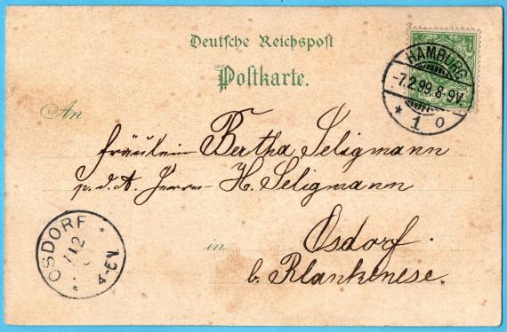 Historical picture postcard " Greeting from Hamburg " to Miss Bertha Seligmann p.d.A. Mr. H. Seligmann ", Olsdorf b. Blankenese - sent on February 7, 1899