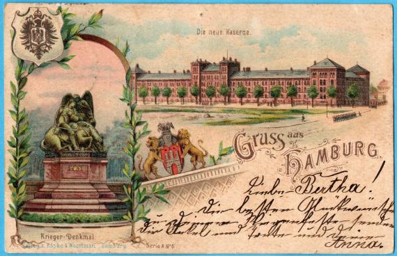 Historische Ansichtskarte " Gruß aus Hamburg " an Fräulein Bertha Seligmann p.d.A.  Herrn H. Seligmann ", Olsdorf b. Blankenese - versandt am 7. Februar 1899 - Karten-Ansichts-Seite