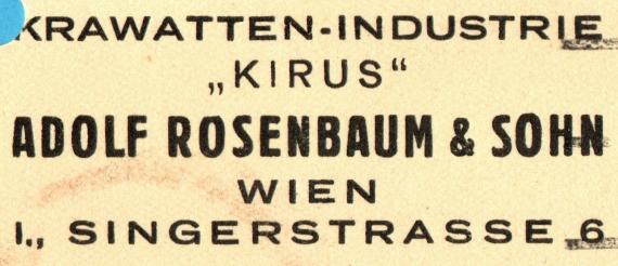 Geschäfts-Postkarte  " Krawatten-Industrie " Kirus " Adolf Rosenbaum & Sohn, Wien, I., Singerstraße 6 - versandt am 17. Dezember 1938 - Ausschnittvergrößerung Geschäftsanschrift