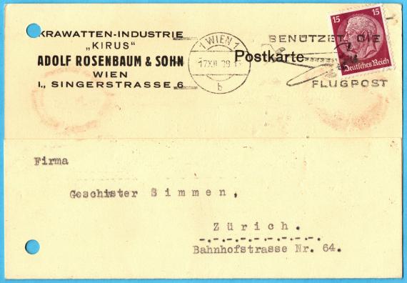 Postkarte - Adolf Rosenbaum & Sohn Business postcard " Tie Industry " Kirus " Adolf Rosenbaum & Sohn, Vienna, I., Singerstraße 6 - mailed on December 17, 1938