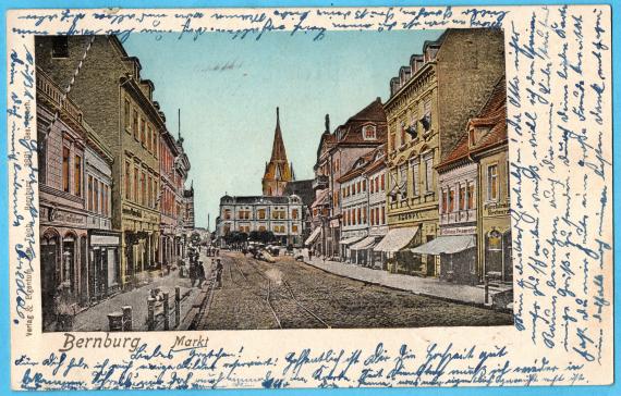 Historical picture postcard " Bernburg - Market " - with the textile house J. Gumpel - sent on April 19, 1901