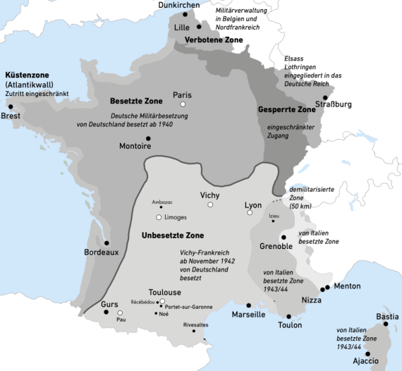 Grafik einer Landkarte von Frankreich während des Nationalsozialismus