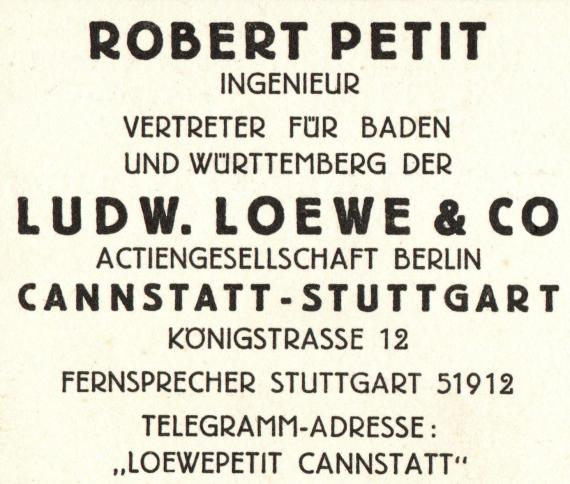 Geschäftspostkarte der Ludwig Loewe & Co - Aktiengesellschaft Berlin - Robert Petit-Ingenieur-Vertreter für Baden uns Württemberg - Cannstatt-Stuttgart - Königstraße 12 - versandt am 24. April 1930 - Ausschnittvergrößerung Firmenanschrift