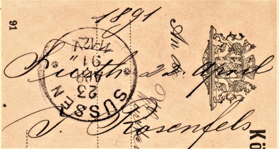 Postcard of business nature from " Jakob Rosenfels, Fürth " - mailed April 22, 1891 - detail enlargement sender information