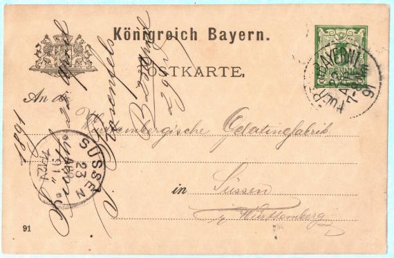 Postcard of a business nature from " Jakob Rosenfels, Fürth " - mailed April 22, 1891