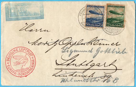 Envelope addressed to Mr. " Moritz Oppenheimer, Stuttgart, Lindenstraße 39 " - address crossed out and added " Sigmund Gottlieb, Stuttgart, Uhlandstraße 16 B " - sent on April 2, 1936