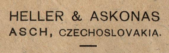 Geschäfts-Briefumschlag der " Strumpf- und Handschuhfabrik Heller & Askonas " in Asch, - versandt am 15. April 1924  - Ausschnittvergrößerung Firmenadresse