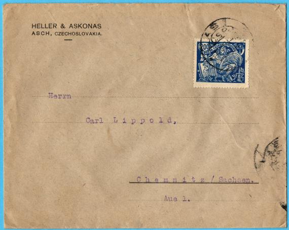 Business envelope of " Strumpf- und Handschuhfabrik Heller & Askonas " in Asch, - mailed on April 15, 1924