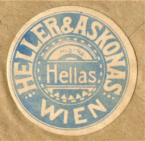 Business envelope of " Strumpf- und Handschuhfabrik Heller & Askonas " in Asch, - mailed on April 15, 1924 - envelope - reverse side - detail enlargement advertising vignette