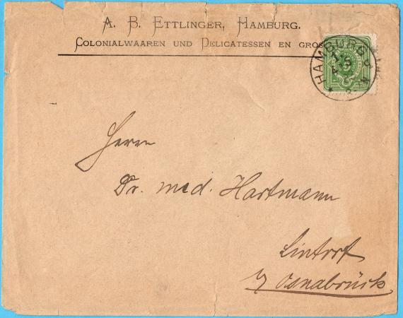 Business envelope " A. B. Ettlinger, Colonialwaaren und Delicatessen en gros " - mailed 1883