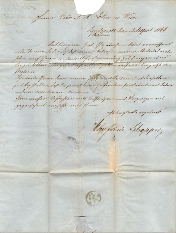 Letter of a business nature to Mr. " Gebr. A. H. Elias, Vienna " - sent on August 13, 1869 - letter unfolded with letter text