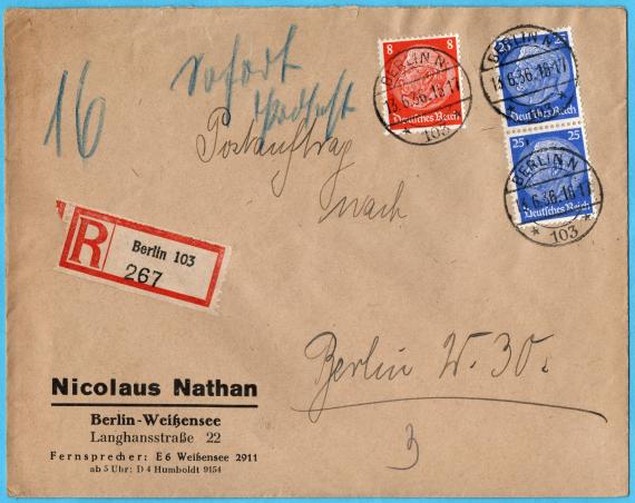 Envelope from " Nicolaus Nathan, Berlin - Weißensee, Langhansstraße 22 " - mailed on June 13, 1936