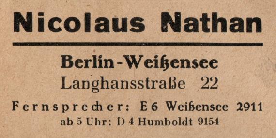 Briefumschlag von " Nicolaus Nathan, Berlin - Weißensee, Langhansstraße 22 " - versandt am 13. Juni 1936  -  Ausschnittvergrößerung Adresse