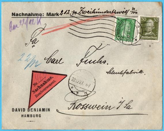 Briefumschlag von " David Benjamin, Hamburg " - versandt am 22. Dezember 1927 