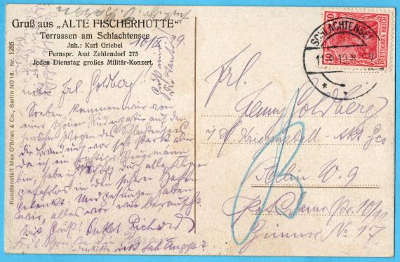 Ansichtskarte Waldsee - Zehlendorf West - Jenny Goldberg Picture postcard Waldsee - Zehlendorf West - sent on September 11, 1919 to Miss Jenny Goldberg i. d. Kriegsmetall - Akt. Ges., Berlin W 9. Potsdamer Strasse 10/11 Room No.17