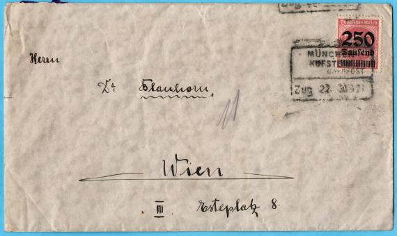 Envelope addressed to " Dr. Blauhorn, Vienna, Esteplatz 8 " - mailed on September 30, 1923