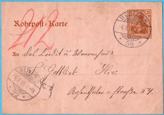 Rohrpost-Karte geschäftlicher Art an das " Credit- und Warenhaus S. Gottlieb ", Berlin, Rosenthaler Straße 54 - versandt am 6. August 1905