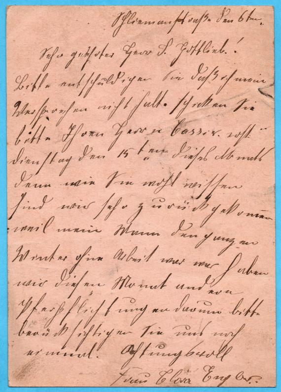 Rohrpost-Karte geschäftlicher Art an das " Credit- und Warenhaus S. Gottlieb ", Berlin, Rosenthaler Straße 54 - versandt am 6. August 1905 - Kartenrückseite