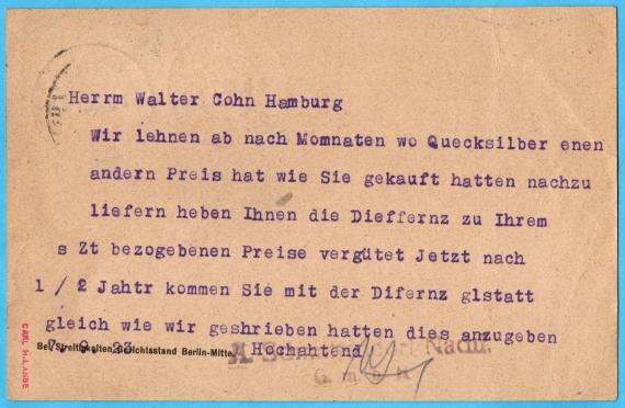 Postkarte geschäftlicher Art an Herrn " Walter Cohn, Hamburg, Neuer Wall 71"  - versandt am 7. September 1923  -  Kartenrückseite