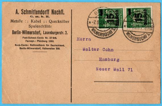 Postcard of a business nature to Mr. " Walter Cohn, Hamburg, Neuer Wall 71" - mailed September 7, 1923