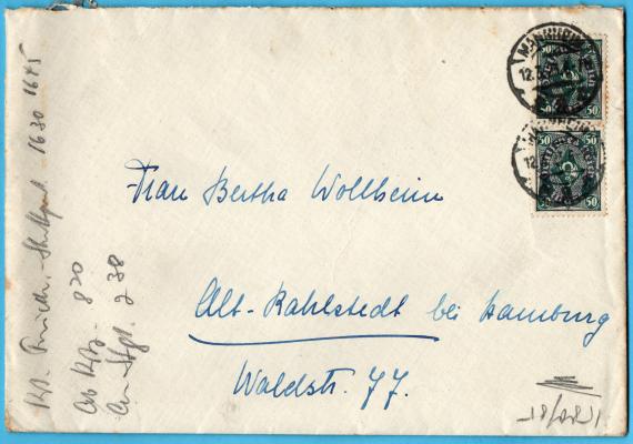 Envelope addressed to Mrs. Bertha Wollheim, Alt Rahlstedt near Hamburg, Waldstraße 77 - mailed March 12, 1923