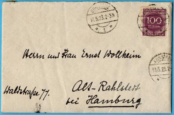 Envelope addressed to Mr. and Mrs. Ernst Wollheim, Alt Rahlstedt near Hamburg, Waldstraße 77 - mailed May 17, 1923