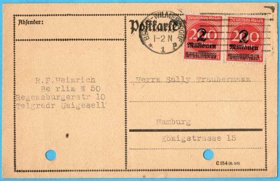 Postkarte geschäftlicher Art an Herrn " Sally Traubermann ", Hamburg, Königstraße 15 - versandt am 26. Oktober 1923