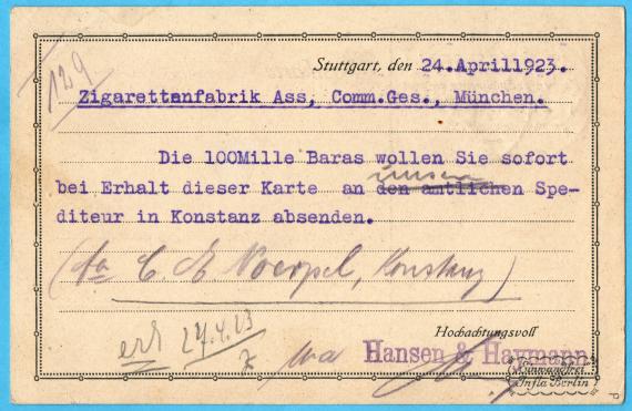 Postkarte geschäftlicher Art von " Hansen & Haymann ", Stuttgart - versandt am 24. April 1923 an die Tabak & Zigarettenfabrik ASS, Comm. Ges., München, Tumblingerstraße 32  - Kartenrückseite