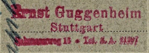 Cash on delivery card from Ernst Guggenheim, Stuttgart, Salzmannweg 15 - mailed July 1, 1936 - detail enlargement return address