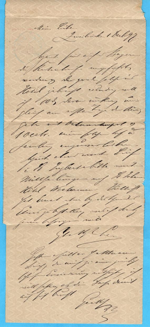 Kartenbrief privater Art an Herrn L. Levison, Stuttgart, Kernerstraße 47  -  versandt am 1. Dezember 1897 - Kartenbrief aufgeklappt