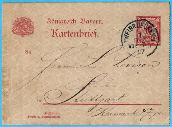 Card letter of private nature to Mr. L. Levison, Stuttgart, Kernerstraße 47 - sent on December 1, 1897