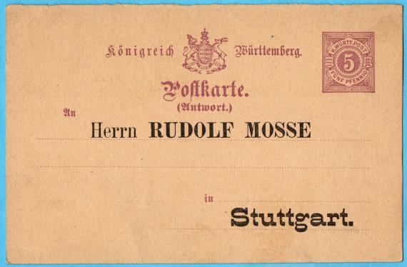 Postkarte - Antwortteil an Herrn Rudolf Mosse in Stuttgart - aus der Zeit um 1882-1888 