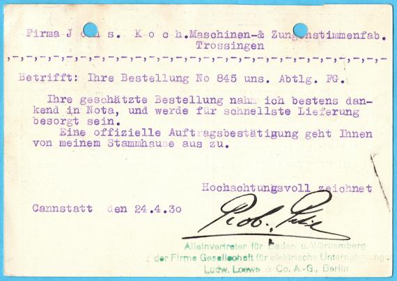 Geschäftspostkarte der Ludwig Loewe & Co - Aktiengesellschaft Berlin - Robert Petit-Ingenieur-Vertreter für Baden uns Württemberg - Cannstatt-Stuttgart - Königstraße 12 - versandt am 24. April 1930 - Kartenrückseite