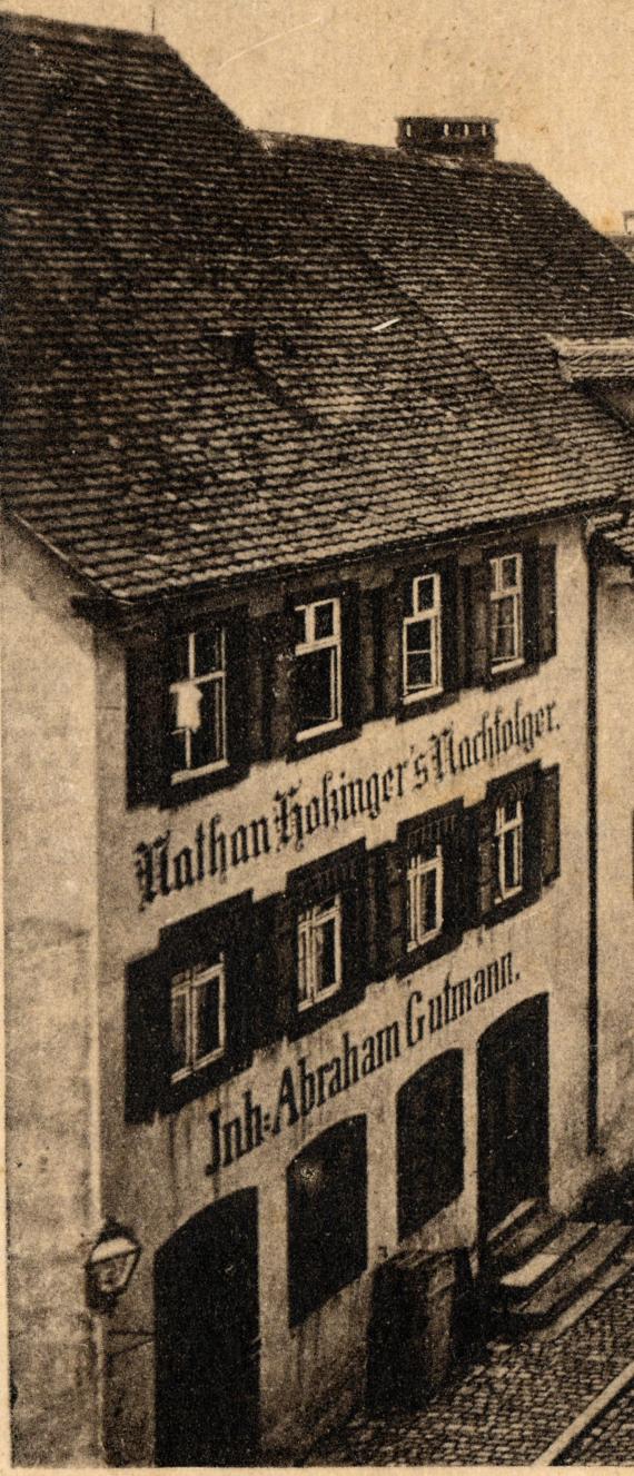 Historische Ansichtskarte Feuchtwangen - Blick in die Hindenburgstraße mit dem Wohn- und Geschäftshaus Abraham Gutmann - versandt am 26. Juli 1918 -  Ausschnittvergrößerung Wohn- und Geschäftshaus Abraham Gutmann 