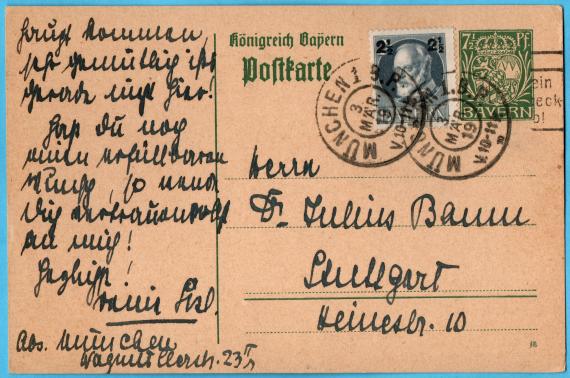 Postkarte persönlicher Art an Herrn Dr. Julius Baum, Stuttgart, Heinestraße 10 - versandt am 3. März 1919