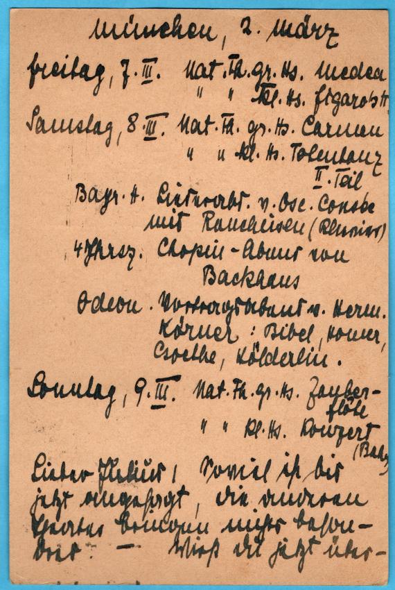 Postkarte persönlicher Art an Herrn Dr. Julius Baum, Stuttgart, Heinestraße 10 - versandt am 3. März 1919  -  Kartenrückseite