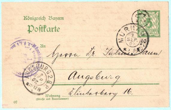 Postcard of a personal nature to Mr. " Dr. Julius Baum ", Augsburg, Klinkerberg 16 - sent on September 2, 1907