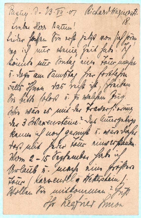 Postkarte persönlicher Art an Herrn " Dr. Julius Baum ", Augsburg, Klinkerberg 16 II - versandt am 23. Juli 1907  -  Kartenrückseite