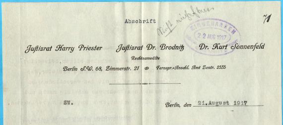 Transcript of an official letter from the attorneys Justizrat Harry Schreiber - Justizrat Dr. Brodnitz - Dr. Kurt Sonnenfeld, Berlin S.W.68, Zimmerstraße 21 - dated August 31, 1917 - enlarged clipping letterhead