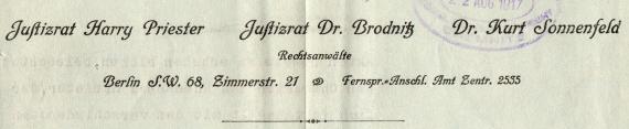 Abschrift eines dienstlichen Schreibens der Rechtsanwälte Justizrat Harry Schreiber - Justizrat Dr. Brodnitz - Dr. Kurt Sonnenfeld, Berlin S.W.68, Zimmerstraße 21  -  vom 31. August 1917 - Ausschnittvergrößerung Briefkopf 