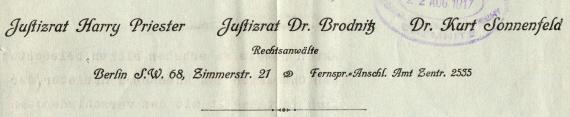 Abschrift eines dienstlichen Schreibens der Rechtsanwälte Justizrat Harry Schreiber - Justizrat Dr. Brodnitz - Dr. Kurt Sonnenfeld, Berlin S.W.68, Zimmerstraße 21  -  vom 31. August 1917 - Ausschnittvergrößerung  Briefkopf 