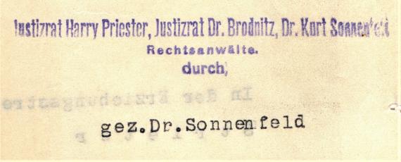 Copy of an official letter from the attorneys Justizrat Harry Schreiber - Justizrat Dr. Brodnitz - Dr. Kurt Sonnenfeld, Berlin S.W.68, Zimmerstraße 21 - dated August 31, 1917 - chancery stamp on the back of the copy