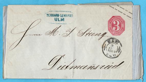 Briefumschlag - Bernhard Levinger Briefumschlag von " Bernhard Levinger, Ulm " - versandt am 9. Januar 1869