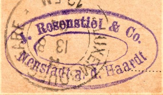 Postkarte von " J. Rosenstiel & Co , Neustadt a.d.Haardt " - versandt am 12. August 1894  -  Ausschnittvergrößerung Geschäftsstempel